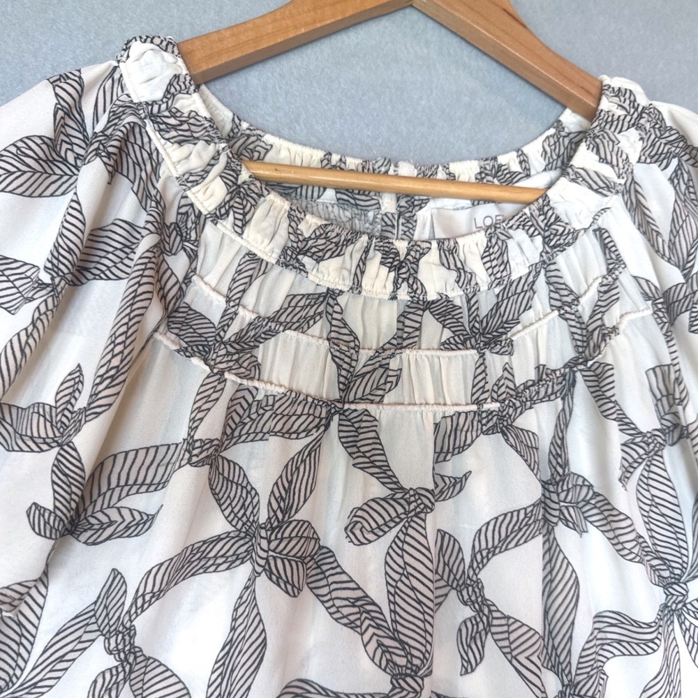 LOFT Womens Black White Bow Print Flutter Sleeve Ruffle Neck Blouse Large - Picture 3 of 8